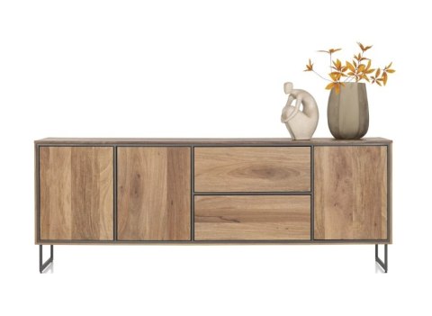 [K, defekt] Industrialna komoda TRAPANI 240 cm, fornir z mango 'smoked' na metalowej podstawie.