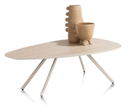 [K, od ręki] Organiczny Stolik Kawowy MINTOS 100 x 60 cm - Blat HPL Primo Laminato Travertin - Metalowe Nogi Chalk Beige