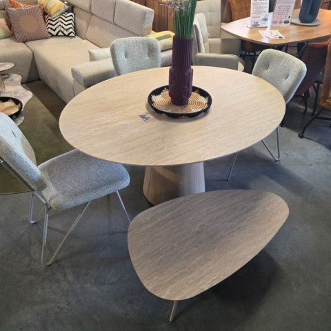 [K, od ręki] Organiczny Stolik Kawowy MINTOS 100 x 60 cm - Blat HPL Primo Laminato Travertin - Metalowe Nogi Chalk Beige