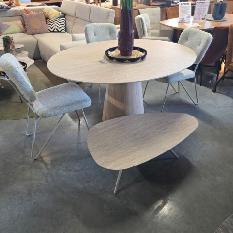 [K, od ręki] Organiczny Stolik Kawowy MINTOS 100 x 60 cm - Blat HPL Primo Laminato Travertin - Metalowe Nogi Chalk Beige