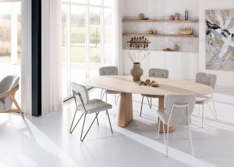 [K, od ręki] Owalny Stół Jadalniany ARAS 210 x 120 cm - Blat HPL Primo Laminato - Dwie Półstożkowe Nogi z Forniru Dębowego