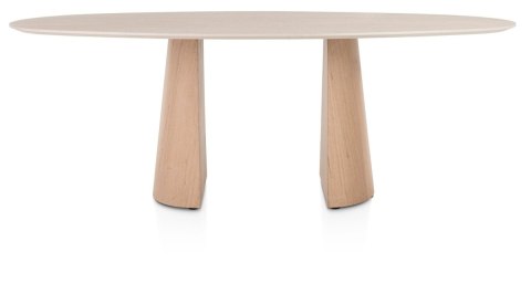 [K, od ręki] Owalny Stół Jadalniany ARAS 210 x 120 cm - Blat HPL Primo Laminato - Dwie Półstożkowe Nogi z Forniru Dębowego
