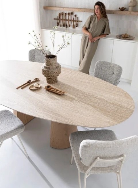 [K, od ręki] Owalny Stół Jadalniany ARAS 210 x 120 cm - Blat HPL Primo Laminato - Dwie Półstożkowe Nogi z Forniru Dębowego