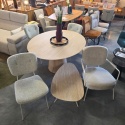 [K, od ręki] Owalny Stół ARAS 150 x 120 cm – Blat HPL Primo Laminato Travertin ( Stożkowa Noga Kolumnowa z Forniru Dębowego