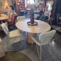 [K, od ręki] Owalny Stół ARAS 150 x 120 cm – Blat HPL Primo Laminato Travertin ( Stożkowa Noga Kolumnowa z Forniru Dębowego