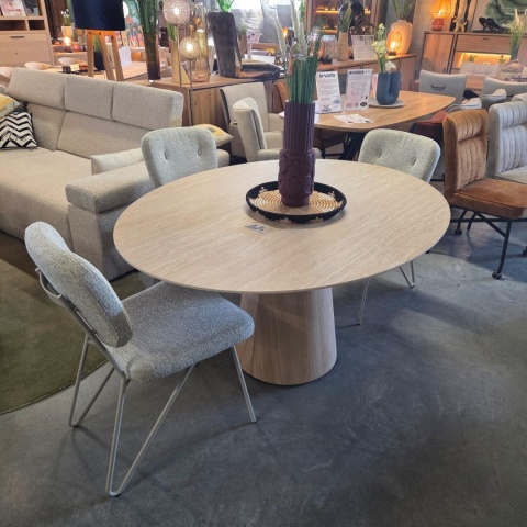 [K, od ręki] Owalny Stół ARAS 150 x 120 cm – Blat HPL Primo Laminato Travertin ( Stożkowa Noga Kolumnowa z Forniru Dębowego