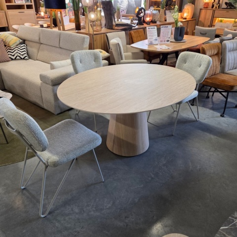 [K, od ręki] Owalny Stół ARAS 150 x 120 cm – Blat HPL Primo Laminato Travertin ( Stożkowa Noga Kolumnowa z Forniru Dębowego