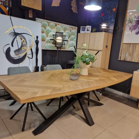 [R, od ręki] Owalny Stół Jadalniany METALUXE 240 x 110 cm - Blat z Forniru Dębowego we Wzór Jodełki - Noga Centralna