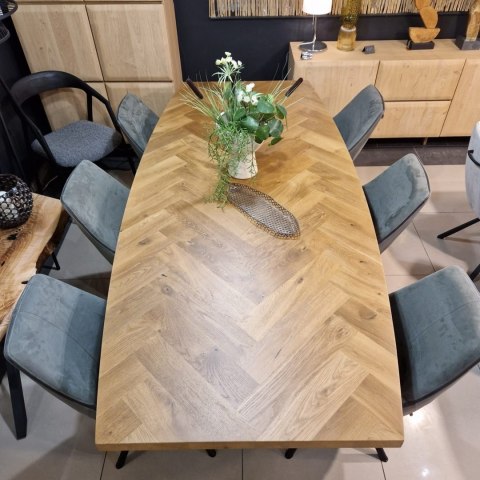 [R, od ręki] Owalny Stół Jadalniany METALUXE 240 x 110 cm - Blat z Forniru Dębowego we Wzór Jodełki - Noga Centralna