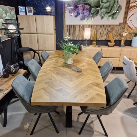 [R, od ręki] Owalny Stół Jadalniany METALUXE 240 x 110 cm - Blat z Forniru Dębowego we Wzór Jodełki - Noga Centralna