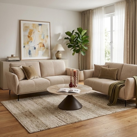 [od ręki] Sofa Dwuosobowa VENTO 180 cm – Sprężyny Kieszeniowe – Jasnobeżowa Tkanina Strukturalna – Czarne Metalowe Nóżki