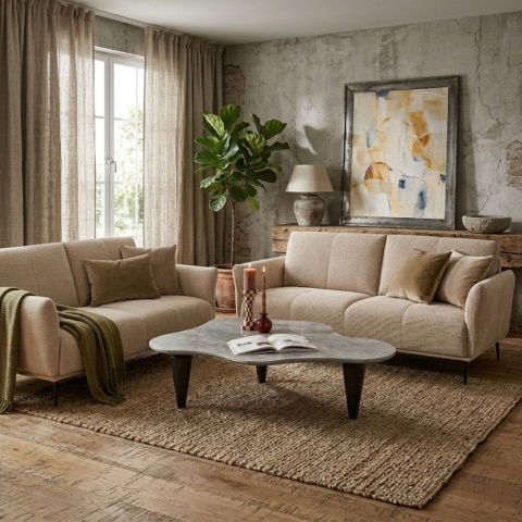[od ręki] Sofa Dwuosobowa VENTO 160 cm – Sprężyny Kieszeniowe – Jasnobeżowa Tkanina Strukturalna – Czarne Metalowe Nóżki