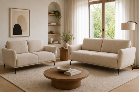 [od ręki] Sofa Dwuosobowa VENTO 160 cm – Sprężyny Kieszeniowe – Jasnobeżowa Tkanina Strukturalna – Czarne Metalowe Nóżki