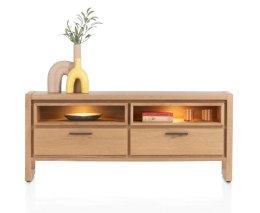 [od ręki] Szafka RTV NYSTEAD 140 cm - Oświetlenie LED - Naturalny Fornir Dębowy Dune - Matowy Lakier Platinum - Soft-Close
