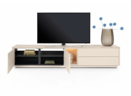 [od ręki] Szafka RTV Lowboard TRENTINO 210 cm – Lakierowany MDF Crème – Oświetlenie LED – System Push-to-Open