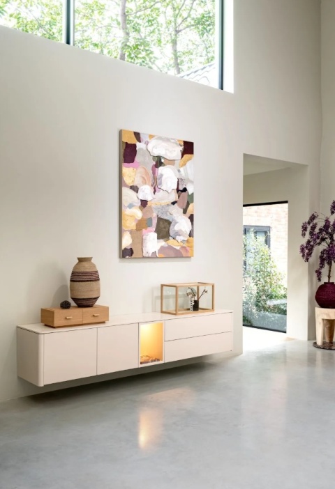 [od ręki] Szafka RTV Lowboard TRENTINO 210 cm – Lakierowany MDF Crème – Oświetlenie LED – System Push-to-Open