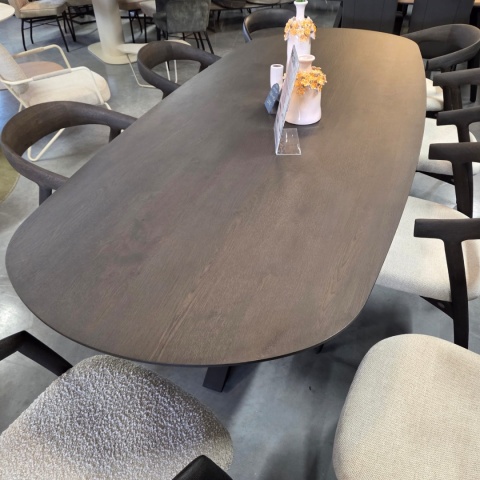 Owalny Stół Jadalniany CALETTA 270 x 110 cm – Blat z Forniru Dębowego w Kolorze Bazaltowym – Metalowa Noga Centralna Antracyt