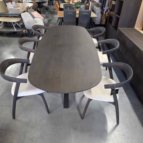 Owalny Stół Jadalniany CALETTA 270 x 110 cm – Blat z Forniru Dębowego w Kolorze Bazaltowym – Metalowa Noga Centralna Antracyt