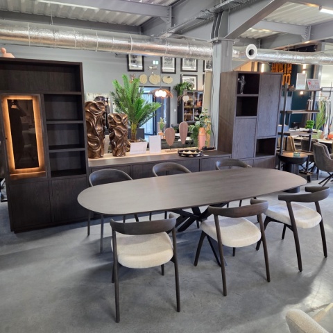Owalny Stół Jadalniany CALETTA 270 x 110 cm – Blat z Forniru Dębowego w Kolorze Bazaltowym – Metalowa Noga Centralna Antracyt