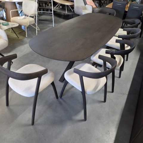 Owalny Stół Jadalniany CALETTA 270 x 110 cm – Blat z Forniru Dębowego w Kolorze Bazaltowym – Metalowa Noga Centralna Antracyt