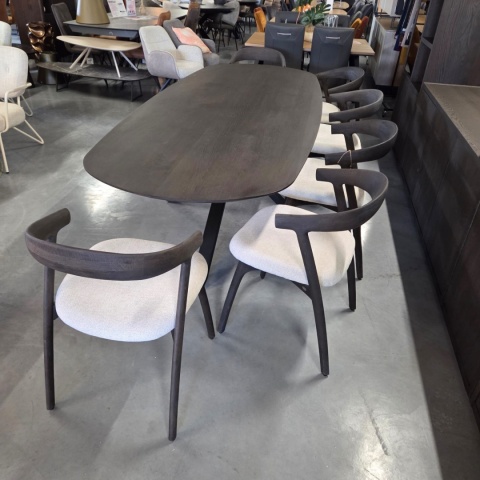 Owalny Stół Jadalniany CALETTA 270 x 110 cm – Blat z Forniru Dębowego w Kolorze Bazaltowym – Metalowa Noga Centralna Antracyt