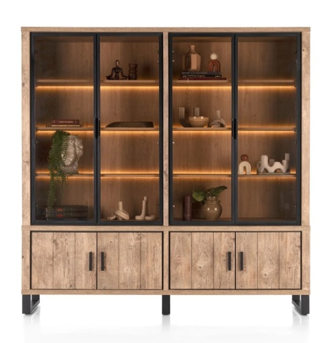 [od ręki] Kredens / Witryna PAVAROTTI 210 cm – Barnwood & Primo Laminato (HPL) – Zintegrowane Oświetlenie LED – Metalowe Detale