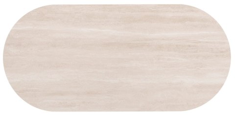 [defekt] Owalny Stół BRIANTO 210 x 100 cm - Blat z Ceramiki na MDF (Optyka Trawertynu) - Metalowa Noga Kolumnowa Crème