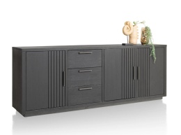[defekt] Komoda Industrialna PAVIE 240 cm – Dąb Castle Black z Ryflowaniem – System Soft-Close – Metalowa Rama Off Black