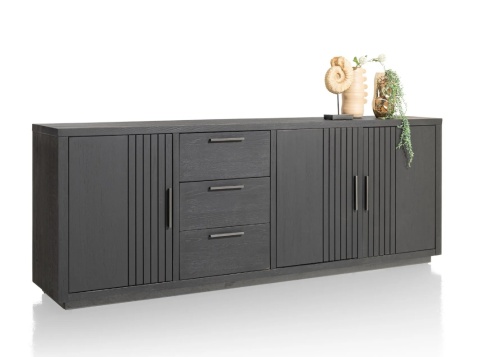[defekt] Komoda Industrialna PAVIE 240 cm – Dąb Castle Black z Ryflowaniem – System Soft-Close – Metalowa Rama Off Black