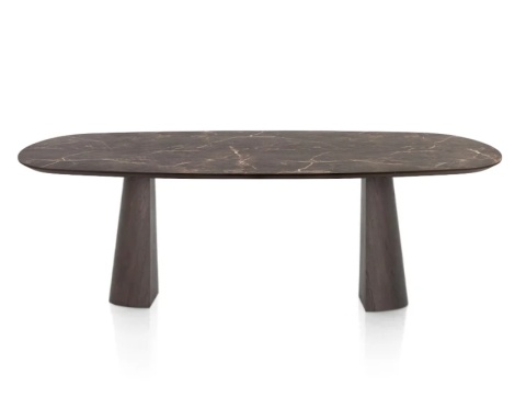 [od ręki] Owalny stół jadalniany Caletta 240 x 105 cm - Marble Brown HPL, nogi Trenton