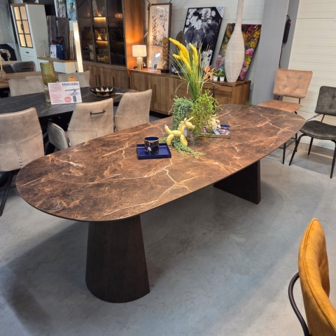 [od ręki] Owalny stół jadalniany Caletta 240 x 105 cm - Marble Brown HPL, nogi Trenton