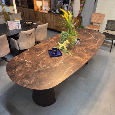 [od ręki] Owalny stół jadalniany Caletta 240 x 105 cm - Marble Brown HPL, nogi Trenton