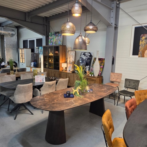 [od ręki] Owalny stół jadalniany Caletta 240 x 105 cm - Marble Brown HPL, nogi Trenton