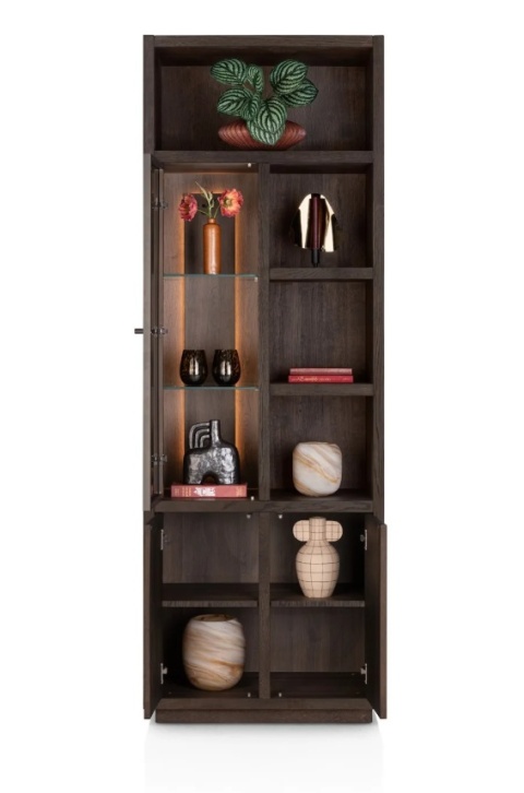 Szafa na Książki i Dekoracje GIJON 75 cm – Głęboki Dąb Basalt – Podświetlenie LED – System Soft-Closing – Matowy Lakier Platinum