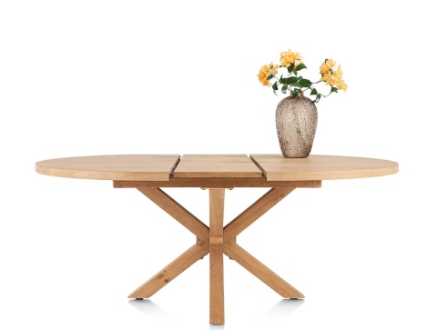 Rozkładany Owalny Stół Jadalniany NYBORG 150-190 x 130 cm – Fornir Dębowy Dune – Matowy Lakier Platinum – Centralna Noga