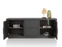 Industrialna Komoda Dębowa PAVIE 175 cm – Dąb Castle Black z Ryflowaniem – System Soft-Close – Metalowa Rama Off Black