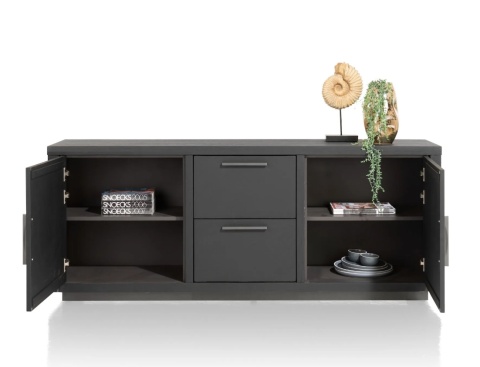 Industrialna Komoda Dębowa PAVIE 175 cm – Dąb Castle Black z Ryflowaniem – System Soft-Close – Metalowa Rama Off Black