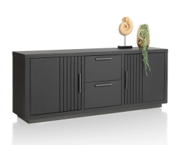Industrialna Komoda Dębowa PAVIE 175 cm – Dąb Castle Black z Ryflowaniem – System Soft-Close – Metalowa Rama Off Black