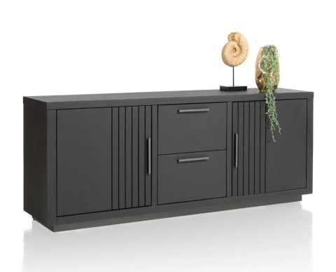 Industrialna Komoda Dębowa PAVIE 175 cm – Dąb Castle Black z Ryflowaniem – System Soft-Close – Metalowa Rama Off Black