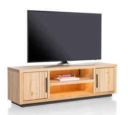 Szafka RTV/Lowboard PAVIE 160 cm z eukaliptusa i forniru dębowego, naturalny kolor, LED, soft-closing