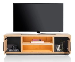 Szafka RTV/Lowboard PAVIE 160 cm z eukaliptusa i forniru dębowego, naturalny kolor, LED, soft-closing