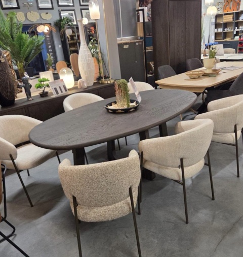 [od ręki] Ekskluzywny Stół Jadalniany ALMORA 210 cm - Blat z Litego Dębu Basalt - Unikalna Podstawa Modern Vintage