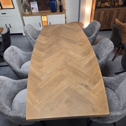 [od ręki] Owalny Stół Jadalniany METALUXE 240 x 110 cm - Blat z Forniru Dębowego we Wzór Jodełki - Noga Centralna
