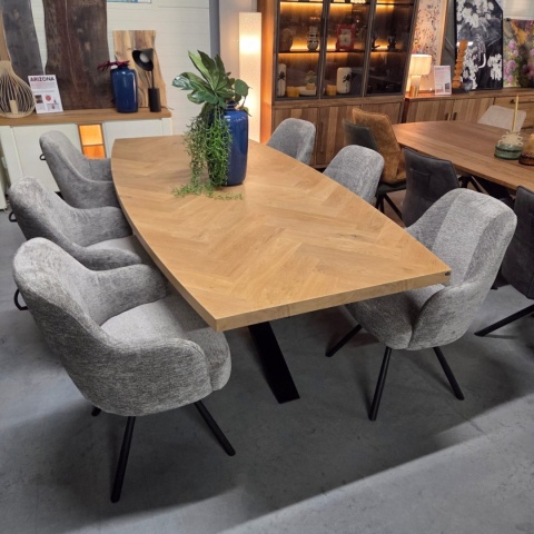 [od ręki] Owalny Stół Jadalniany METALUXE 240 x 110 cm - Blat z Forniru Dębowego we Wzór Jodełki - Noga Centralna