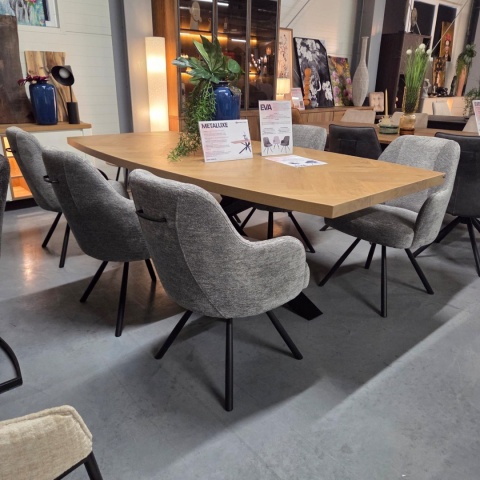 [od ręki] Owalny Stół Jadalniany METALUXE 240 x 110 cm - Blat z Forniru Dębowego we Wzór Jodełki - Noga Centralna