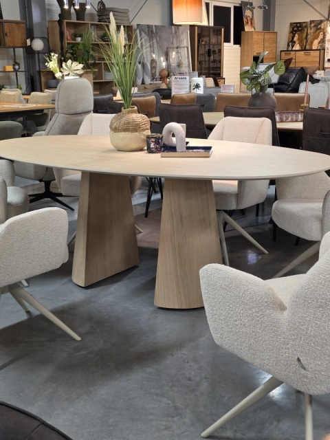[K, od ręki] Owalny Stół Jadalniany ARAS 210 x 120 cm - Blat HPL Primo Laminato - Dwie Półstożkowe Nogi z Forniru Dębowego