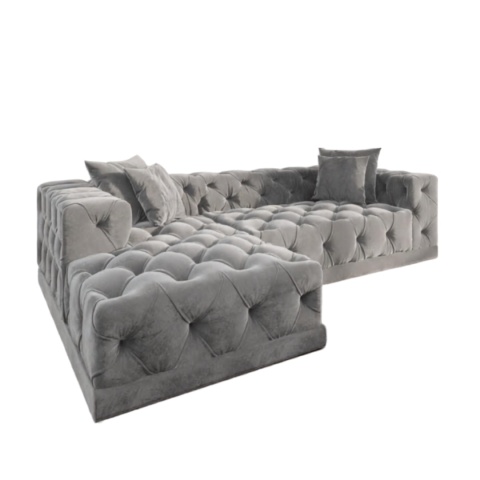 Narożnik w kształcie litery L VERONA LOUNGE (260 x 170 cm, lewy) – jasnoszary welur (Velvet Light Grey), pikowany chesterfield