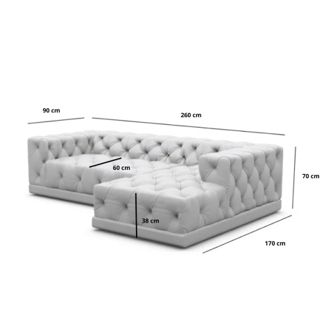 Narożnik w kształcie litery L VERONA LOUNGE (260 x 170 cm, lewy) – jasnoszary welur (Velvet Light Grey), pikowany chesterfield
