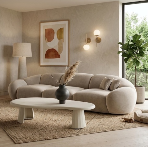 Sofa 4-osobowa LUNA LOUNGE (265 cm) – welur ciemny beż, organiczny kształt