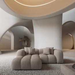 Narożnik w kształcie litery L VEGA LOUNGE Studio (191 x 160 cm) – beżowa tkanina strukturalna, obły design